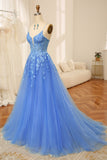 Blue A Line Spaghetti Straps Tulle Long Prom Dress With Beaded Appliques