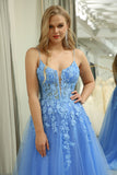 A-Line Spaghetti Straps Tulle Long Blue Prom Dress With Appliques