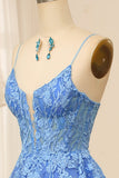 Blue A Line Spaghetti Straps Tulle Long Prom Dress With Beaded Appliques