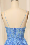 Blue A Line Spaghetti Straps Tulle Long Prom Dress With Beaded Appliques