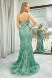 Green Mermaid Spaghetti Straps Glitter Sequins Long Prom Dress With Slit