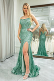 Green Mermaid Spaghetti Straps Glitter Sequins Long Prom Dress With Slit