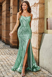 Sparkly Green Mermaid Spaghetti Straps Long Prom Dress With Slit