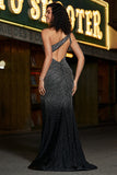 Sparkly Black Mermaid One Shoulder Corset Prom Dress With Slit