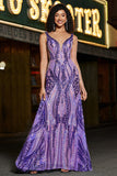 Dark Purple Mermaid V Neck Sparkly Long Prom Dress With Sequins