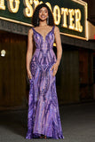 Dark Purple Mermaid V Neck Sparkly Long Prom Dress With Sequins