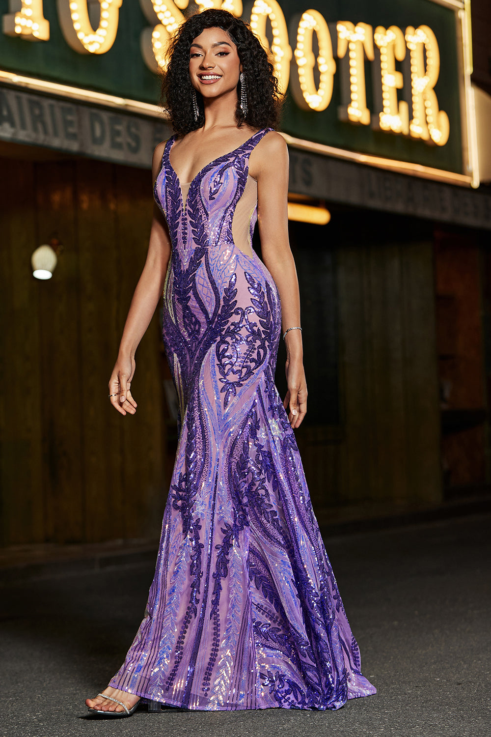 deep purple prom dress Wedtrend Women Dark Purple Prom Dress Mermaid V Neck Sparkly Long Formal Dress With Sequins – WEDTREND