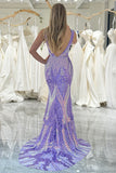 Sparkly Purple Mermaid V-Neck Backless Long Prom Dress With Sequins