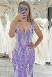Sparkly Purple Mermaid V-Neck Backless Long Prom Dress With Sequins