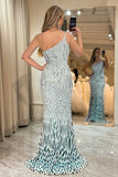 Mermaid Dark Green One Shoulder Long Sparkly Sequins Prom Dress