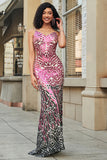 Glitter Fuchsia Mermaid Spaghetti Straps Backless Long Prom Dress