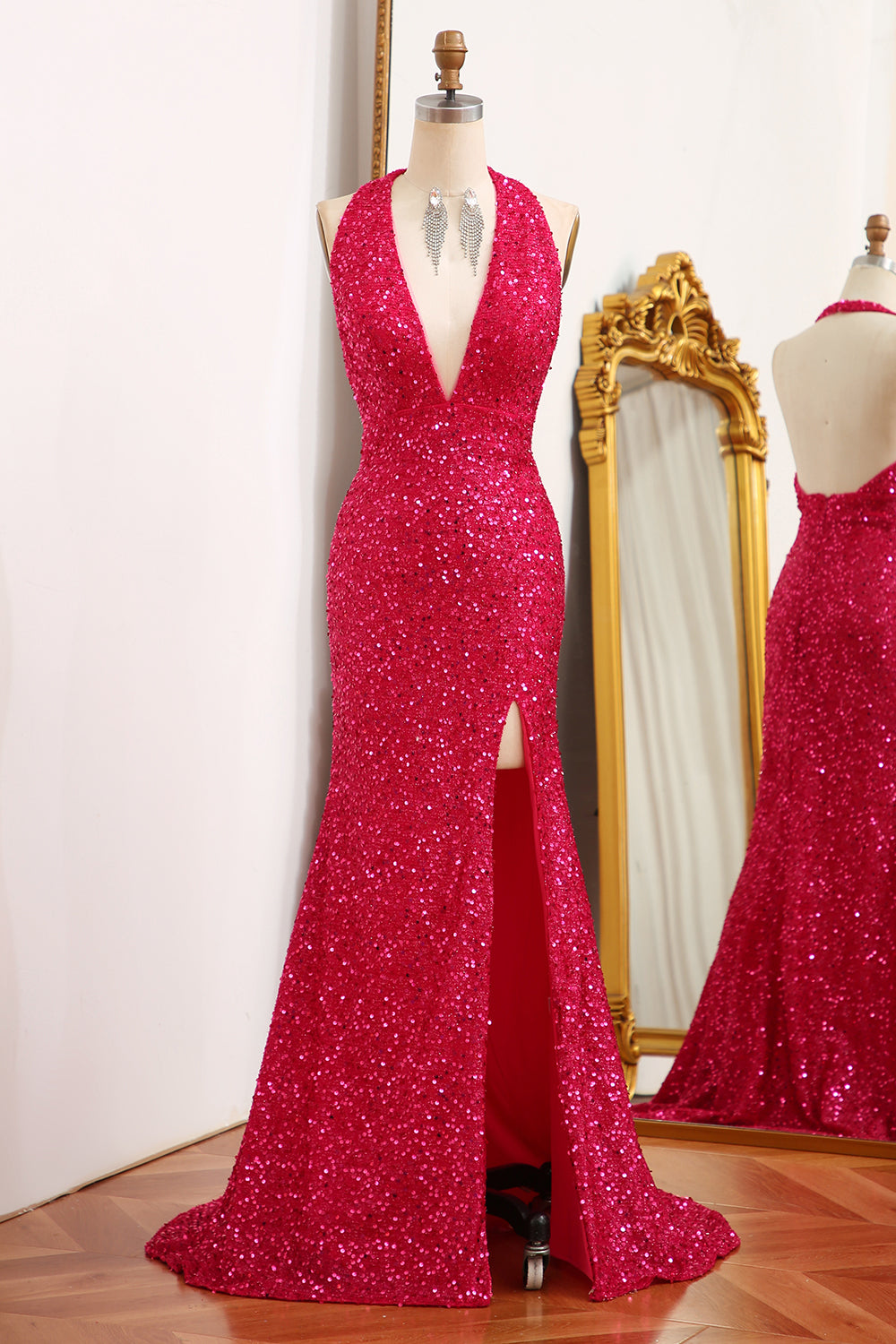 Sparkly Fuchsia Mermaid Halter Backless Sequin Prom Dress With Slit