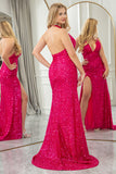 Fuchsia Mermaid Halter Backless Sparkly Sequin Prom Dress With Side Slit