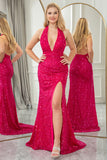 Fuchsia Mermaid Halter Backless Sparkly Sequin Prom Dress With Side Slit