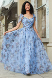 Blue A-Line Off The Shoulder Floral Print Pleated Tulle Prom Dress