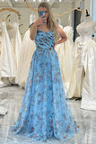 Lavendar A Line Off The Shoulder Pleated Floral Print Long Prom Dress