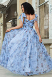 Blue A-Line Off The Shoulder Floral Print Pleated Tulle Prom Dress