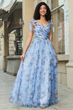 Blue A-Line Off The Shoulder Floral Print Pleated Tulle Prom Dress