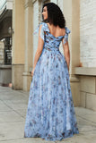 Blue A-Line Off The Shoulder Floral Print Pleated Tulle Prom Dress