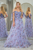 Lavendar A Line Off The Shoulder Pleated Floral Print Long Prom Dress