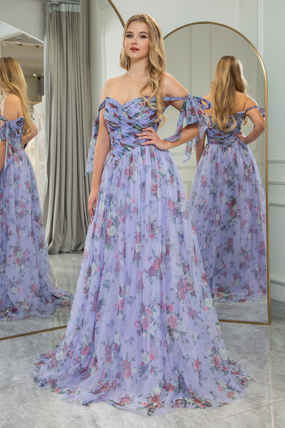 Lavendar A Line Off The Shoulder Pleated Floral Print Long Prom Dress