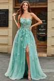 Green A-Line Spaghetti Straps Long Sparkly Applique Prom Dress With Slit