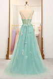 Green A-Line Spaghetti Straps Long Sparkly Prom Dress With Appliques