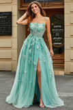 Green A-Line Spaghetti Straps Long Sparkly Applique Prom Dress With Slit