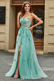 Green A-Line Spaghetti Straps Long Sparkly Applique Prom Dress With Slit