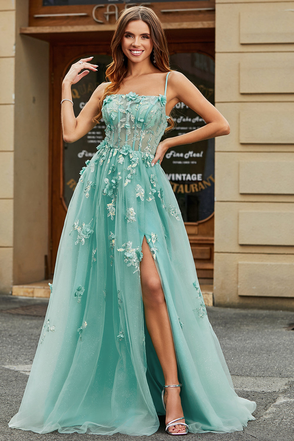 Green A-Line Spaghetti Straps Long Sparkly Applique Prom Dress With Slit