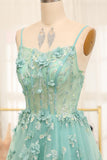 Green A-Line Spaghetti Straps Long Sparkly Prom Dress With Appliques