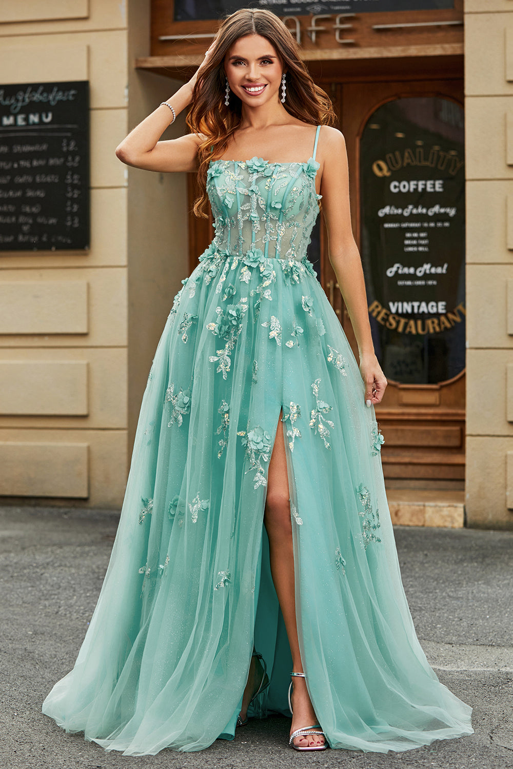 Green A-Line Spaghetti Straps Long Sparkly Applique Prom Dress With Slit