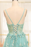 Green A-Line Spaghetti Straps Long Sparkly Prom Dress With Appliques