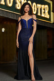 Navy Mermaid Spaghetti Straps Long Corset Prom Dress with Slit