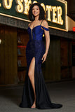 Navy Mermaid Spaghetti Straps Long Corset Prom Dress with Slit