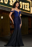 Navy Mermaid Spaghetti Straps Long Corset Prom Dress with Slit