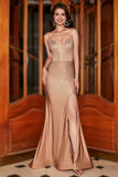 Glitter Champagne Mermaid Spaghetti Straps Long Prom Dress with Slit