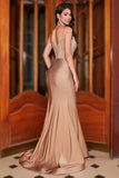 Glitter Champagne Mermaid Spaghetti Straps Long Prom Dress with Slit