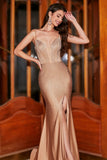 Glitter Champagne Mermaid Spaghetti Straps Long Prom Dress with Slit