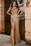 Mermaid One Shoulder Fringe Sparkly Sequin Golden Prom Dress With Slit