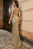 Mermaid One Shoulder Fringe Sparkly Sequin Golden Prom Dress With Slit