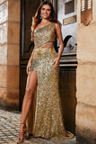 Mermaid One Shoulder Fringe Sparkly Sequin Golden Prom Dress With Slit