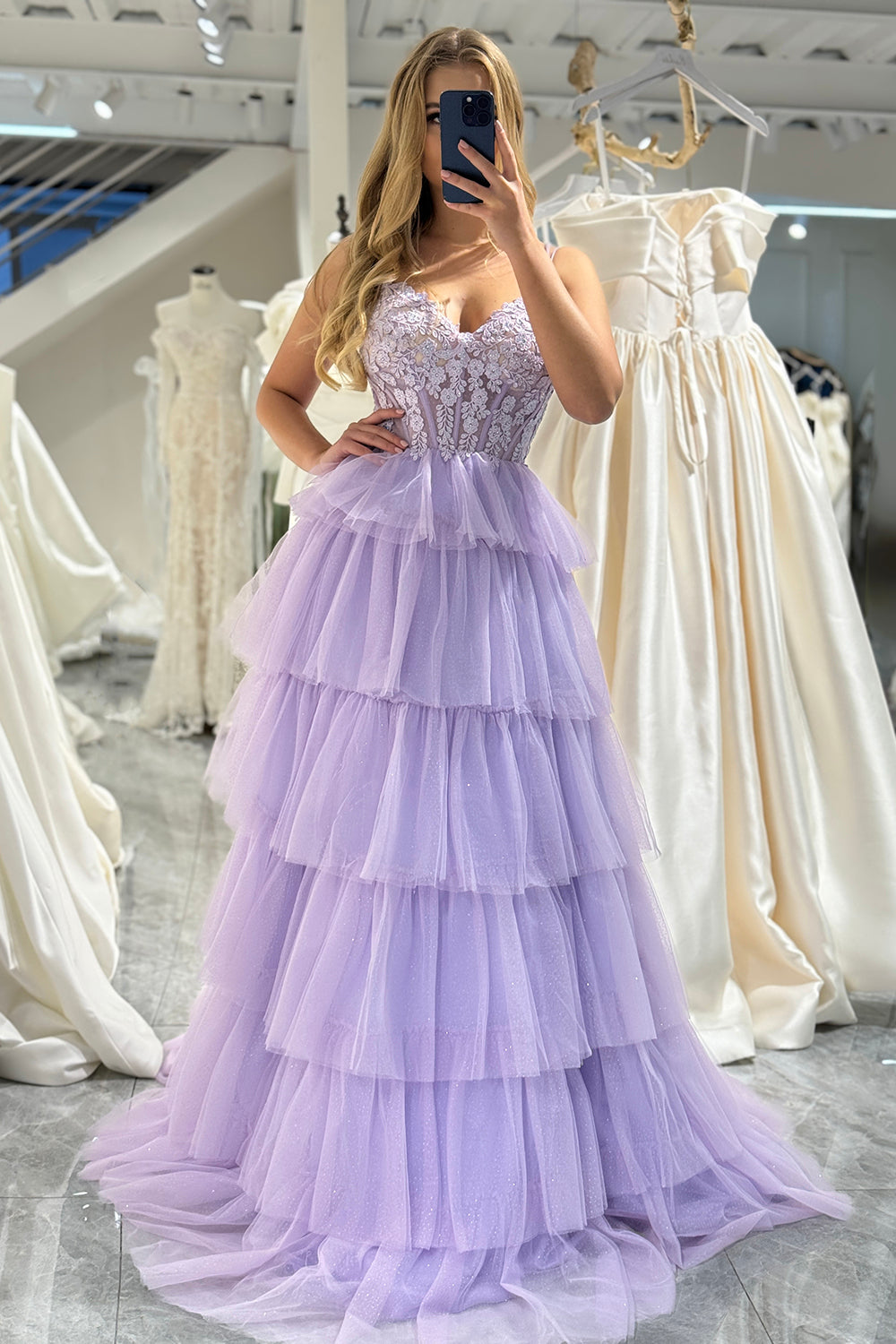 Wedtrend Women Lilac Tulle Prom Dress A Line Spaghetti Straps Corset Tiered Long Party Dress With Appliques WEDTREND Wedtrend Women Lilac Tulle Prom Dress A Line Spaghetti Straps Corset Tiered Long Party Dress With Appliques WEDTREND