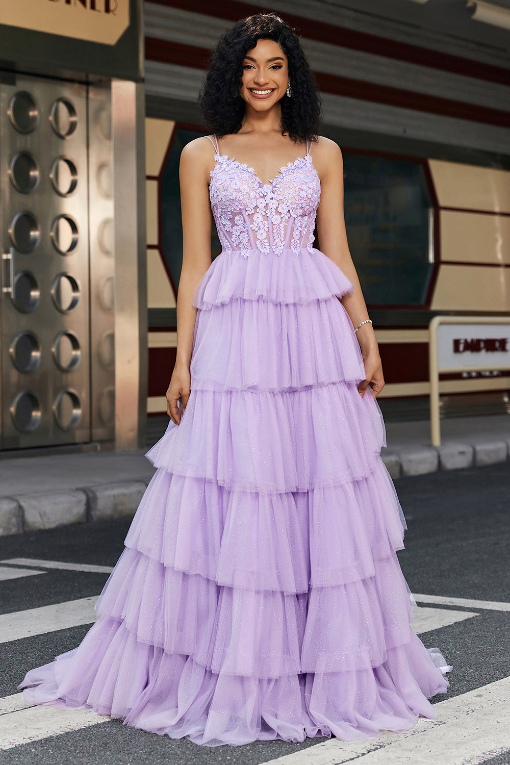 Wedtrend Women Elegant Lilac Prom Dress A Line Tulle Tiered Corset Evening Dress With Appliques WEDTREND Wedtrend Women Elegant Lilac Prom Dress A Line Tulle Tiered Corset Evening Dress With Appliques WEDTREND