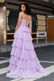 Elegant Lilac A Line Tulle Tiered Corset Prom Dress With Appliques