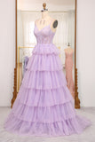 Elegant Lilac A Line Tulle Tiered Long Corset Prom Dress With Appliques
