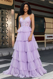 Elegant Lilac A Line Tulle Tiered Corset Prom Dress With Appliques