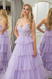 Lilac Tulle A Line Corset Tiered Long Prom Dress With Appliques