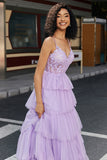 Elegant Lilac A Line Tulle Tiered Corset Prom Dress With Appliques