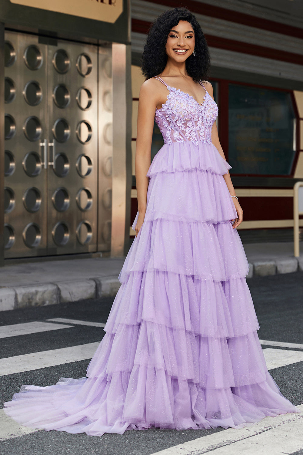 purple corset dress Wedtrend Women Elegant Lilac Prom Dress A Line Tulle Tiered Corset Evening Dress With Appliques, Lilac / US6